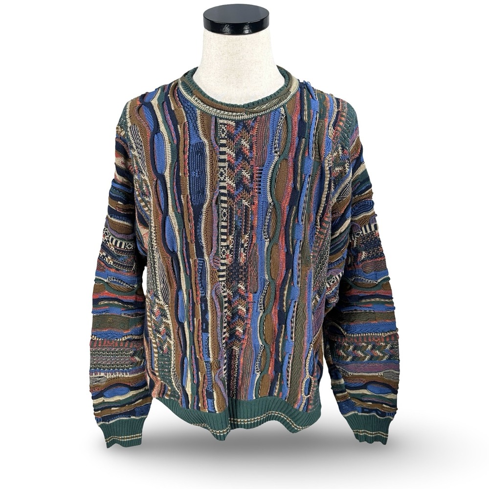 Methode Mens XL 3D Textured Knit Sweater Cosby Biggie Multicolor Abstract 90s